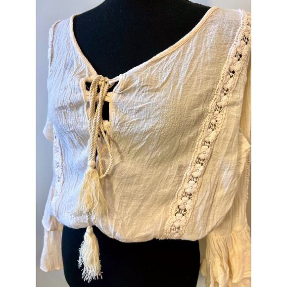 Jaded Gypsy WC Crop Top in White OS Long Sleeve Tasseled Tie Front Embroidered - Picture 4 of 4